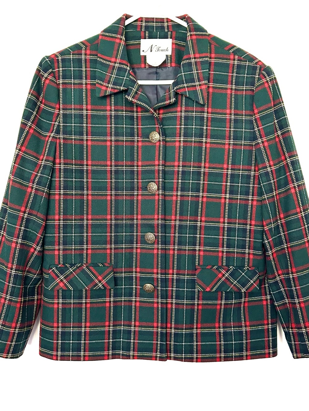 VTG Tartan Plaid Blazer Wool Blend 12 Dark Academia Holiday Preppy Gold Button